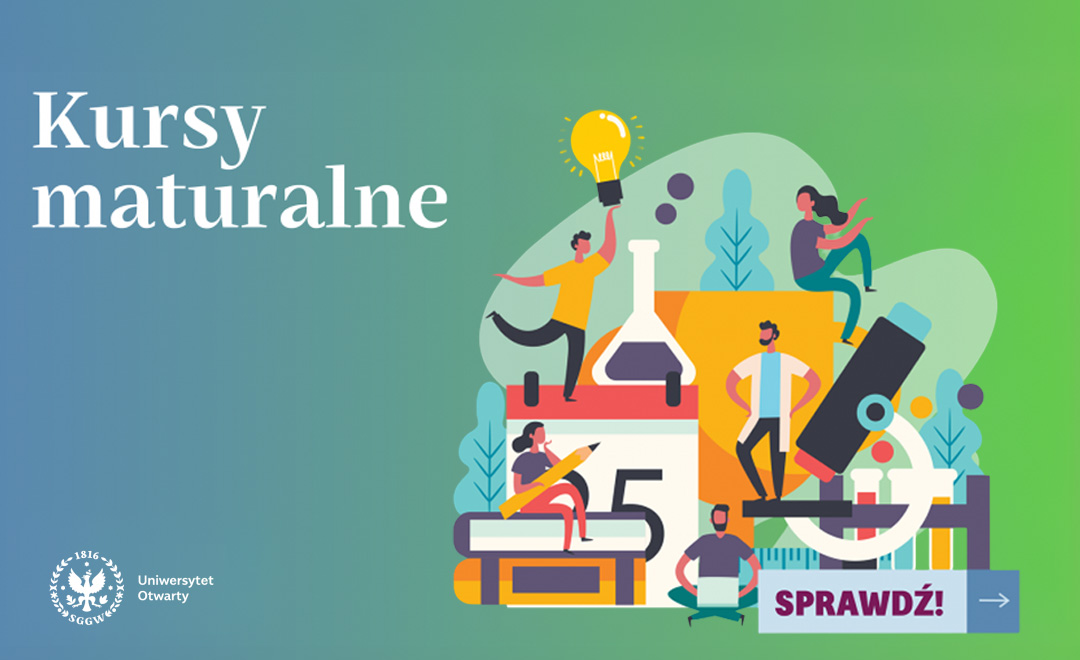 Ilustracja młodych osób uczących się i symboli nauki: książki, kalendarz z liczbą 25, kolba laboratoryjna, mikroskop i żarówka. Po lewej stronie napis: Kursy maturalne. W prawym dolnym rogu przycisk z napisem: Sprawdź!